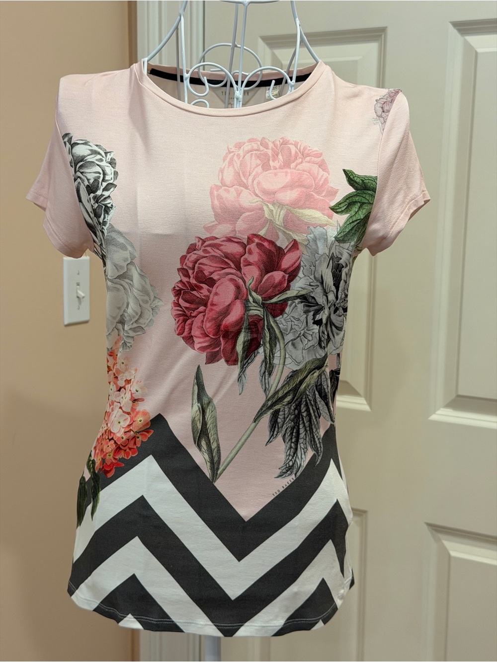 Ted Baker Pink Floral Chevron Short-Sleeve Top